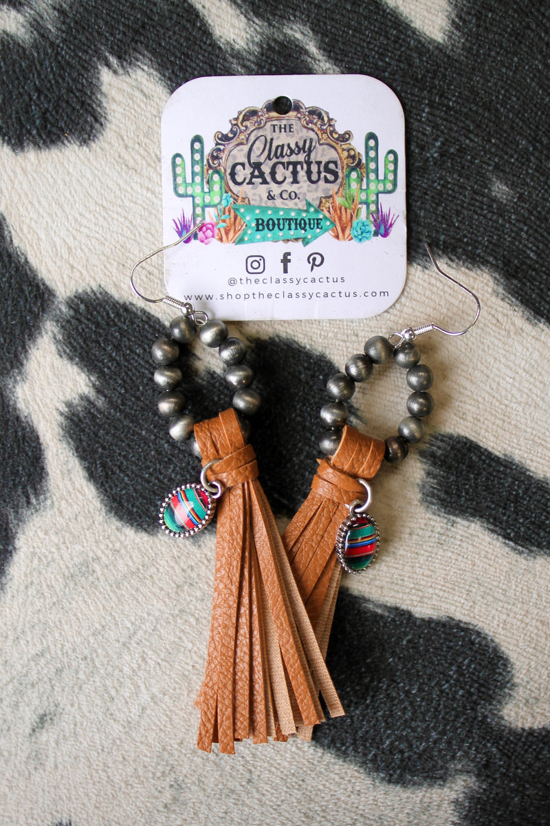 Faux Pearl Earring w/ Tassel & Serape Charm