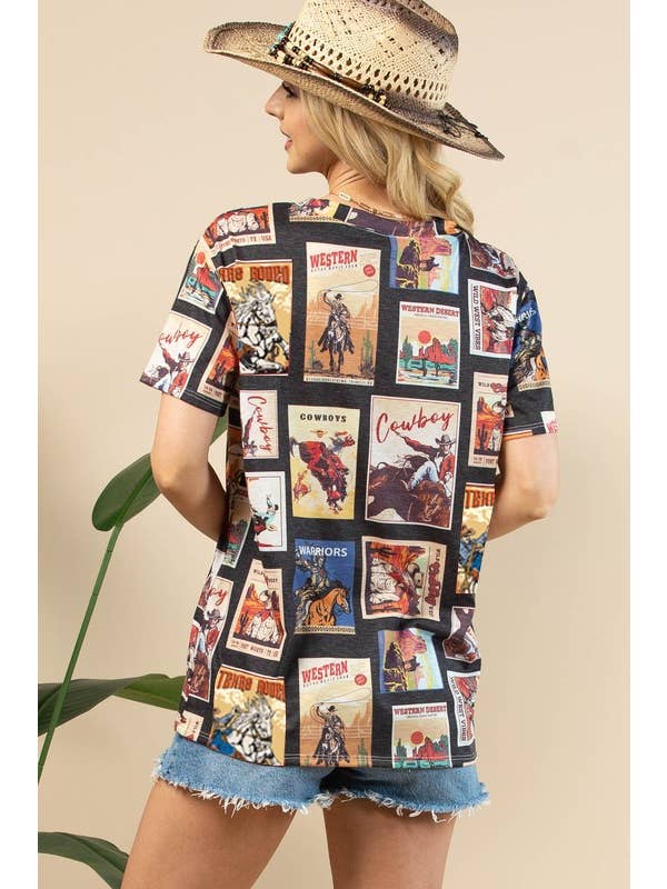 Black Vintage Western Print T