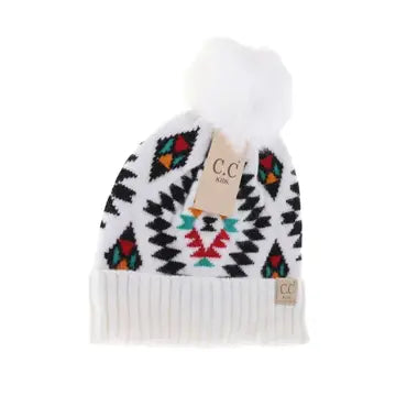 Kids Aztec Faux Fur Pom Beanie