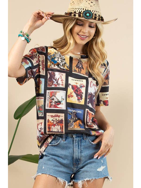 Black Vintage Western Print T
