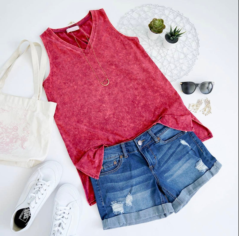 Mineral Washed V-Neck Sleeveless with Side Slit