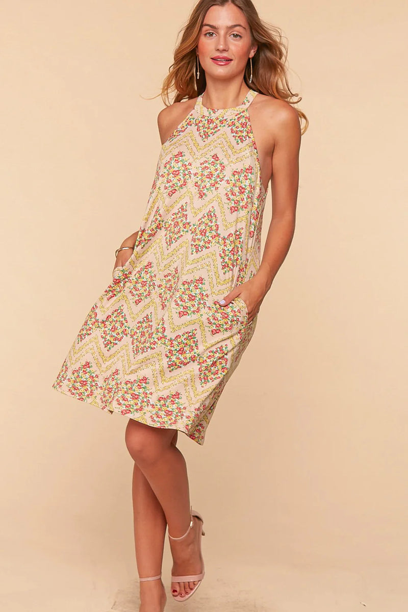 Zig Zag Floral Print Halter Dress