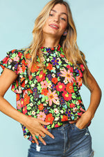 Black Floral Mock Neck Dbl Layered Ruffle Sleeve Top