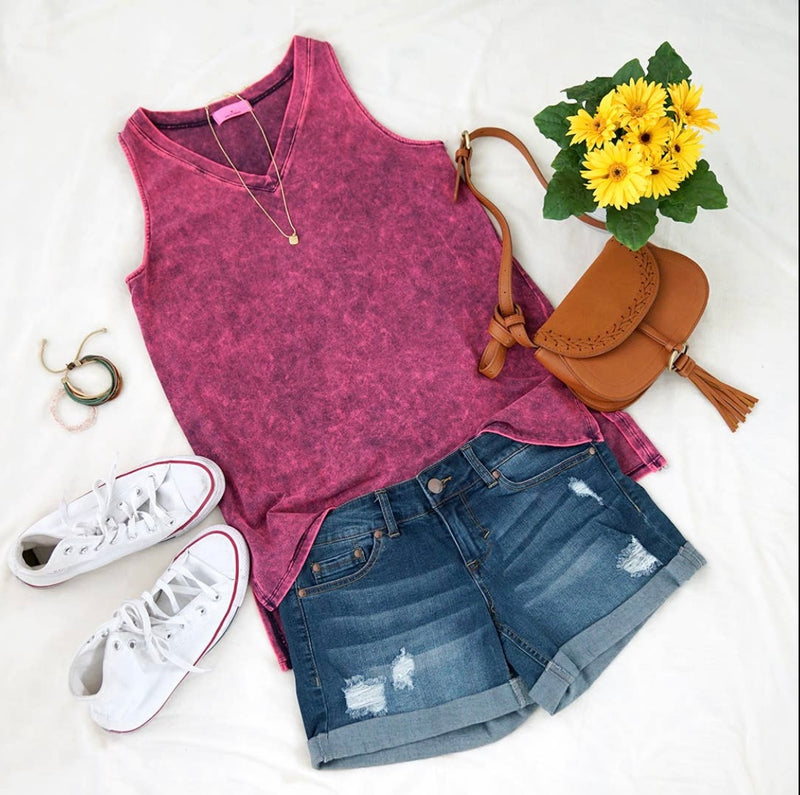 Mineral Washed V-Neck Sleeveless with Side Slit