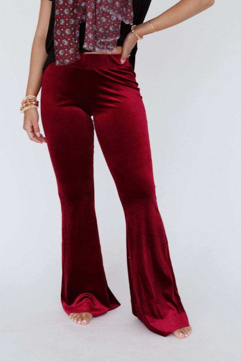 Three Bird Nest - Cher Velvet Flare Pants - Burgundy