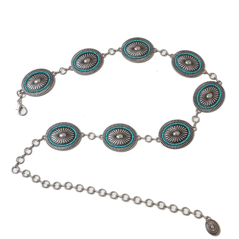 Western Oval Concho Chain belt with blue Beads