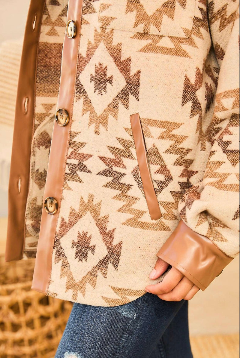 Leather Accent Aztec Oversize Shacket