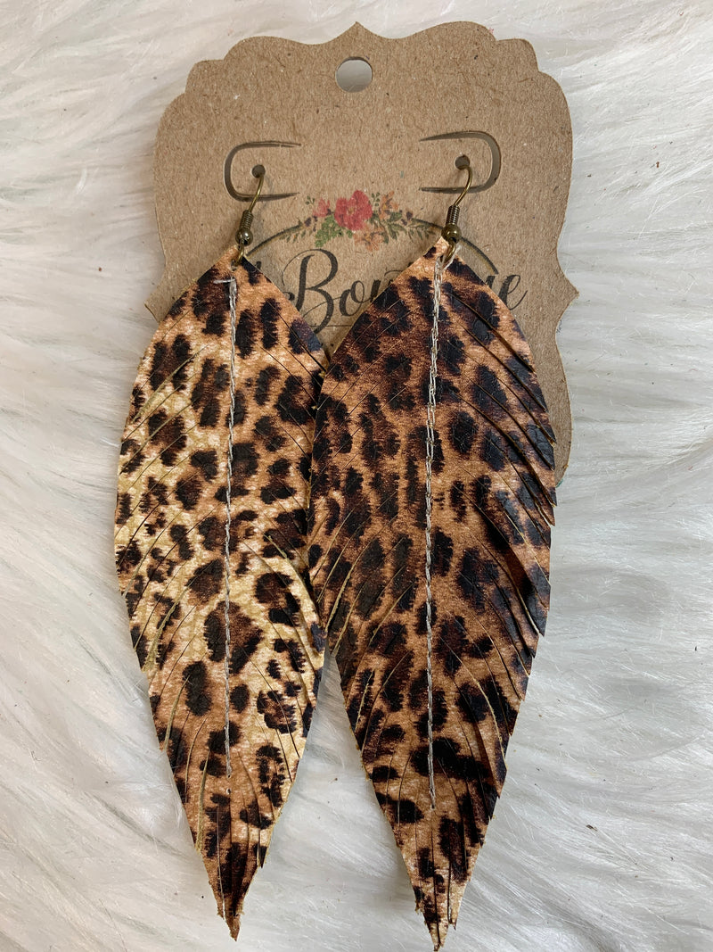 Long Sewn Leather Feather EArring