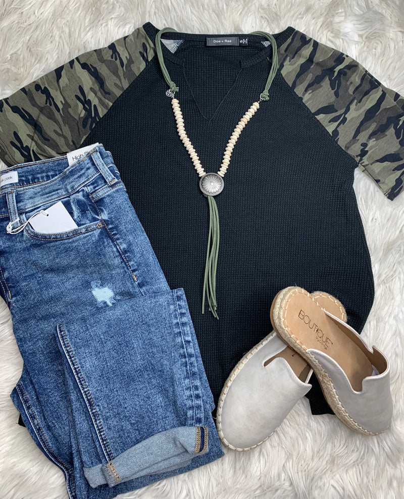 Thermal Split Neck Top with Camo Sleeves