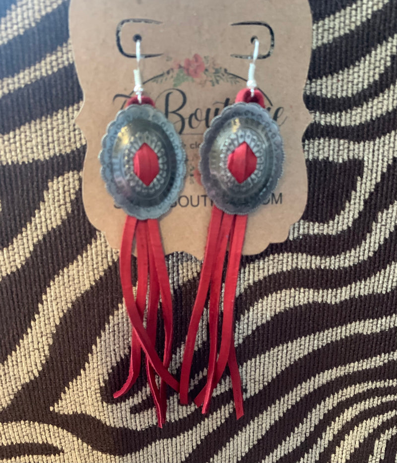 Red Leather Concho Earrings