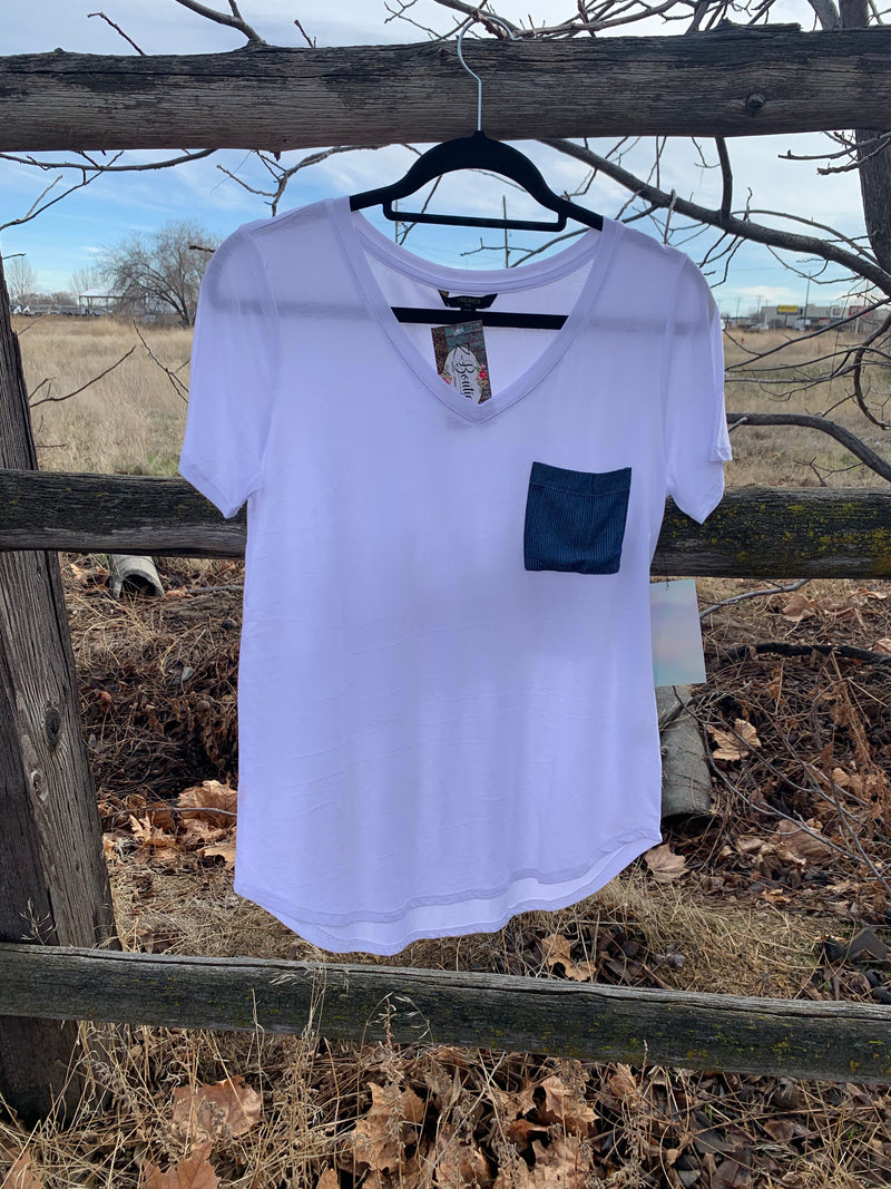 V Neck Tee w/ Denim Pocket