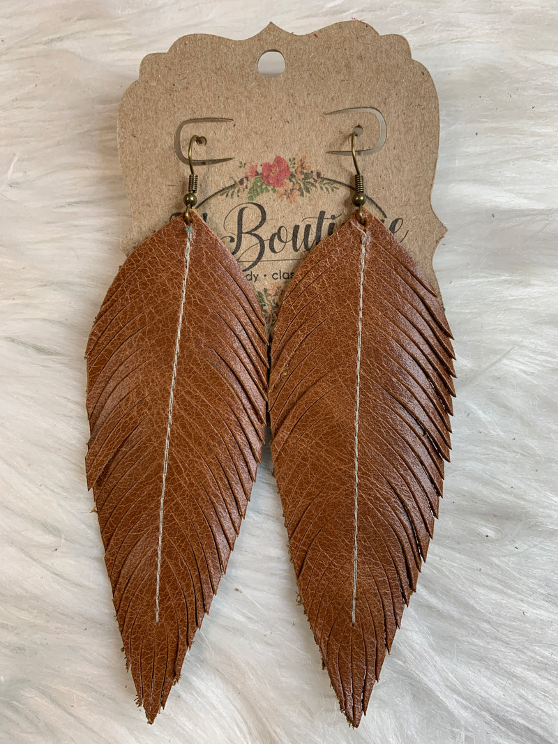 Long Sewn Leather Feather EArring