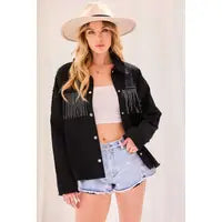 Fringe Accent Frayed Hem Shacket - Black